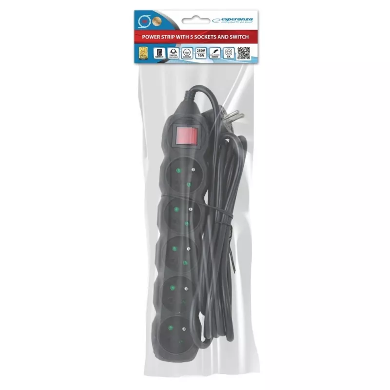 Przedłużacz elektryczny ESPERANZA ELK215K – kabel 3 m, 5 gniazd AC typu E, do użytku wewnętrznego, czarny