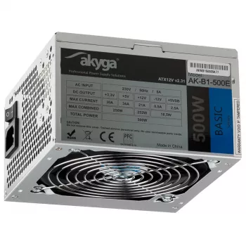 Zasilacz ATX Akyga AK-B1-500E 500 W, wentylator 120 mm, 20+4 pin ATX, 3× SATA, pasywny PFC