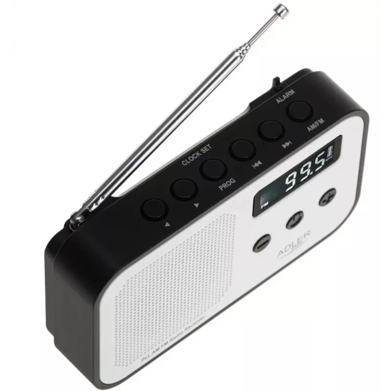 Przenośne radio cyfrowe Adler AD 1907 — AM/FM, tuner cyfrowy, alarm, USB-C, bateria 600 mAh, LCD, 20 ustawień, antena teleskopowa