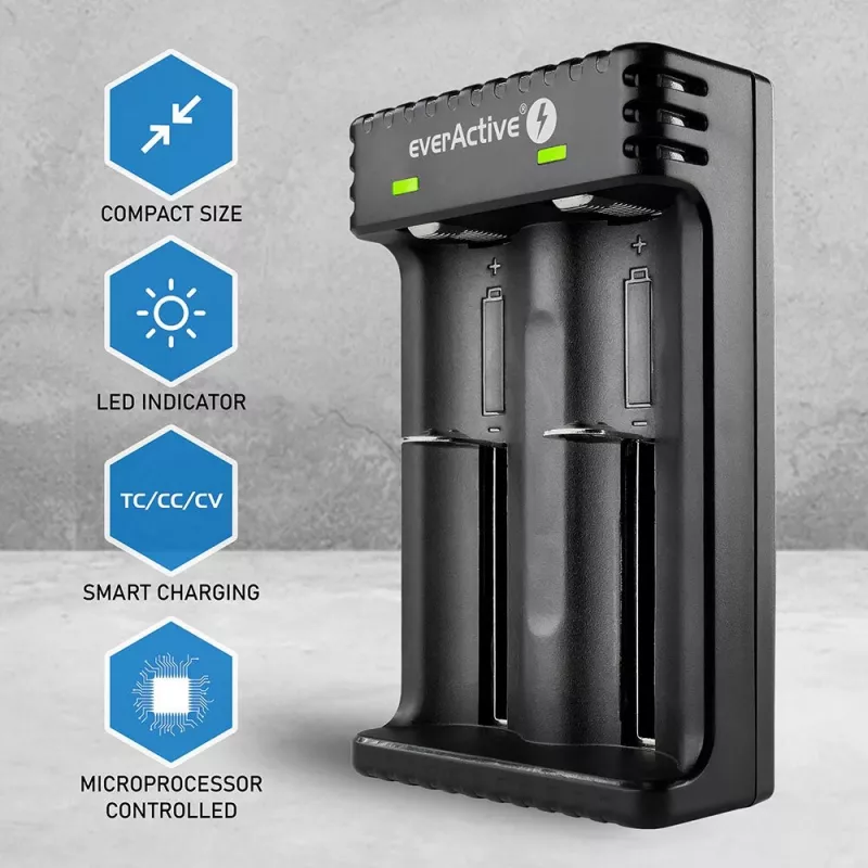 Ładowarka do akumulatorów everActive LC200 domowa USB, 2-kanałowa, Li-Ion, obsługuje A/AA/AAA/AAAA/C/D, wejście 5 V, wyjście 4,2 V, czarna