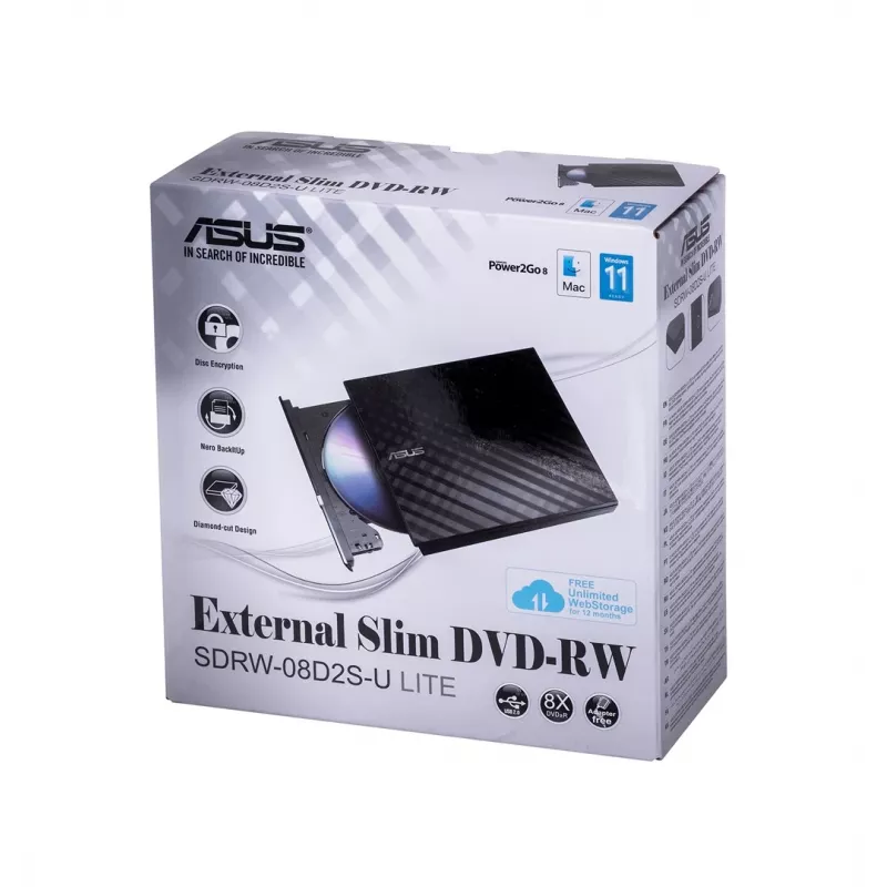 Zewnętrzny napęd optyczny DVD±RW ASUS SDRW-08D2S-U Lite, USB 2.0, czarny, 24x CD / 8x DVD, 142×142×20 mm