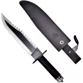 Stały nóż survivalowy cinema classic CC-H2 — 400 mm całkowita, 250 mm ostrze ze stali, gładkie i ząbkowane, czarna rękojeść, w zestawie skórzana pochwa