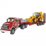 Toy low loader truck with JCB 4CX accessory, BRUDER, model BR-02813, ABS construction, multicolour