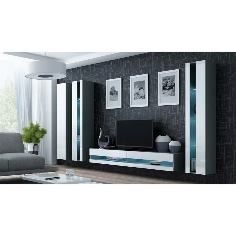 Stolik pod TV Cama Meble VIGO NEW 30/140/40 — 1400×400×300 mm, szary blat, płyta wiórowa, szara rama, białe fronty na wysoki połysk