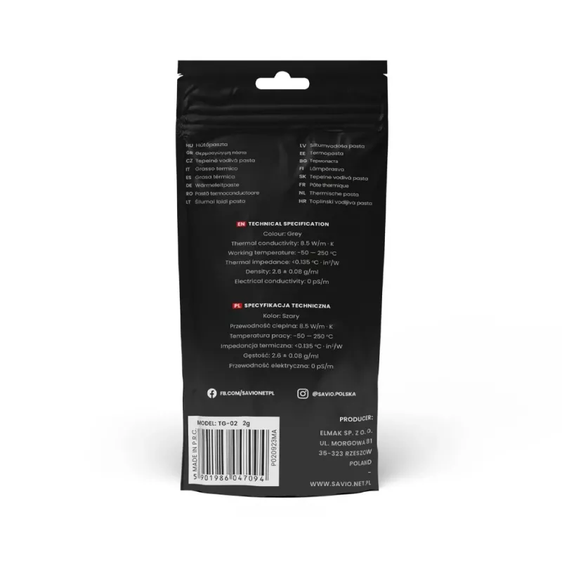 Pasta termoprzewodząca SAVIO TG-03 13,5 W/m·K, 2 g — związek termoprzewodzący