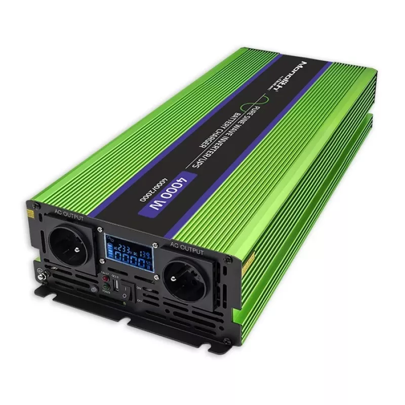 Qoltec Monolith Przetwornica napięcia | Ładowanie akumulatora | UPS | 2000W | 4000W | 12V na 230V | Czysty sinus | LCD czarno-zielony