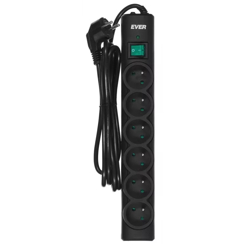 Listwa zasilająca EVER Optima kabel 3 m, 6 gniazd AC, 250 V, 10 A, ochrona przeciwprzepięciowa 175 J, czarna