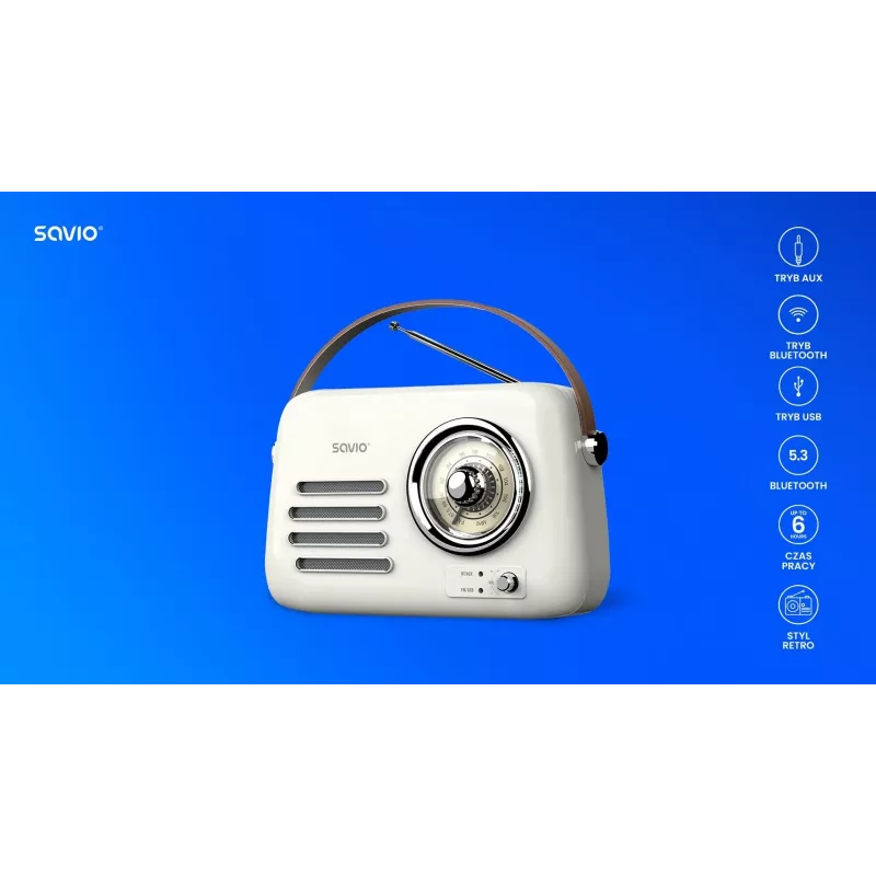Radio przenośne SAVIO RS-02 — analogowy tuner FM, Bluetooth 5.3, zasilanie USB, 3 W, biały