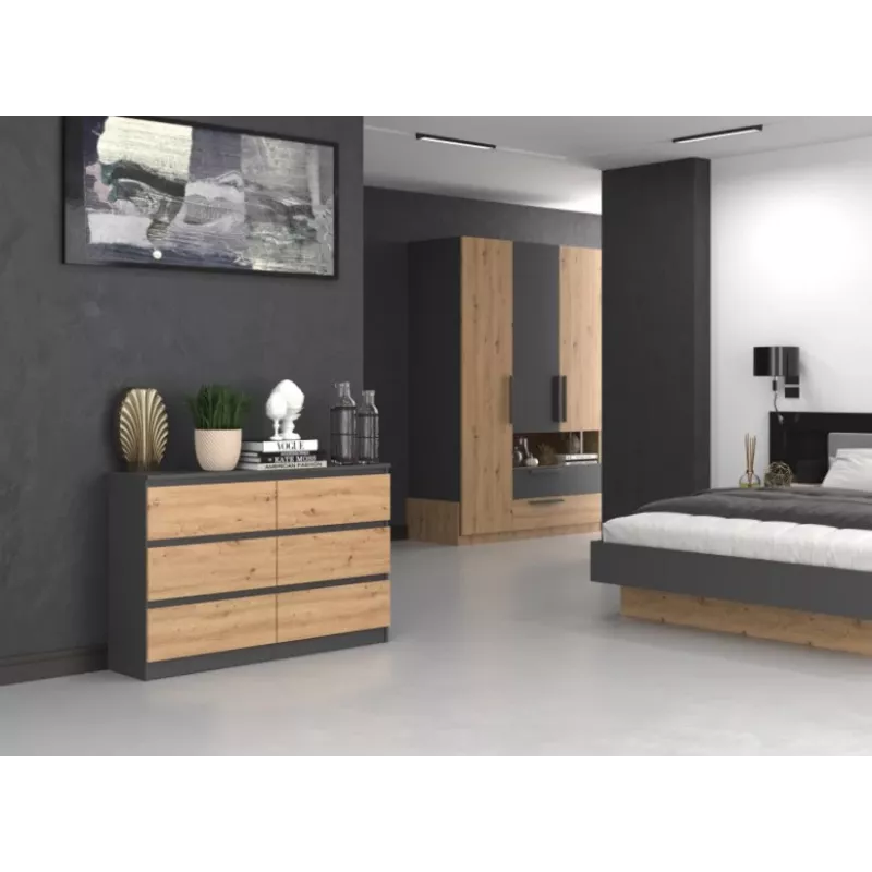 Komoda top e shop M6 120 — antracyt/dąb, 6 szuflad, 1200×300×770 mm, płyta wiórowa