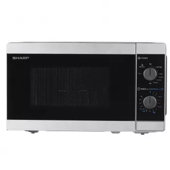 Mikrofalówka kombinowana Sharp YC-MG01E-S — 20 l, 800 W mikrofale, 1000 W grill, 5 poziomów mocy, pokrętło, talerz obrotowy 25,5 cm