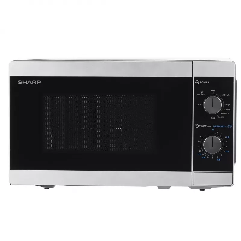 Mikrofalówka kombinowana Sharp YC-MG01E-S — 20 l, 800 W mikrofale, 1000 W grill, 5 poziomów mocy, pokrętło, talerz obrotowy 25,5 cm
