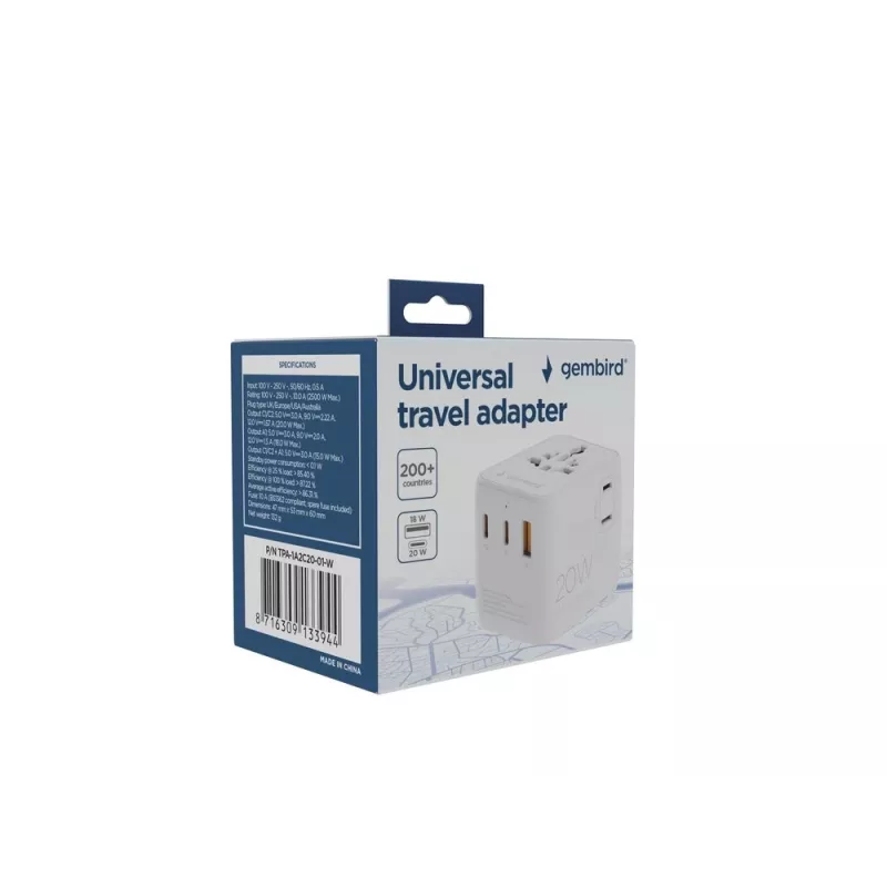 Podróżny zasilacz sieciowy GEMBIRD TPA-1A2C20-01-W — 20 W, USB-A (18 W) + 2× USB-C (20 W), wtyczka typu E, biały