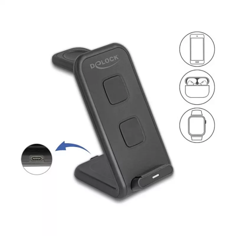 DELOCK 66941 Ładowarka bezprzewodowa 3-w-1 do smartfona, smartwatcha i słuchawek USB Type-C 15 W wewnętrzna czarna