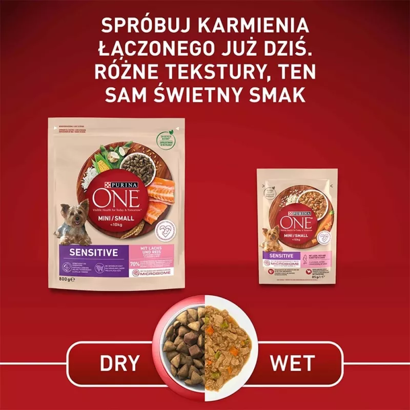 Sucha karma dla psa Purina Nestlé One Mini/Small Sensitive Łosoś i Ryż 800 g – dla małych ras (5–10 kg), senior, 27% białka, 17% tłuszczu