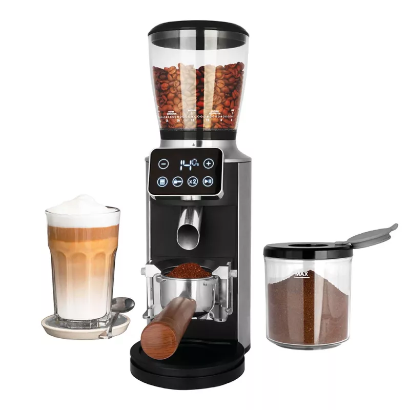 Młynek żarnowy do kawy GASTROBACK Design Pro Touch 30 — żarna stożkowe, zbiornik 300 g, 150 W, czarny/przezroczysty