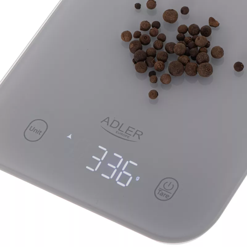 Waga kuchenna Adler AD 3181, szkło hartowane, nośność 10 kg, dokładność 1 g, wyświetlacz LCD, szary