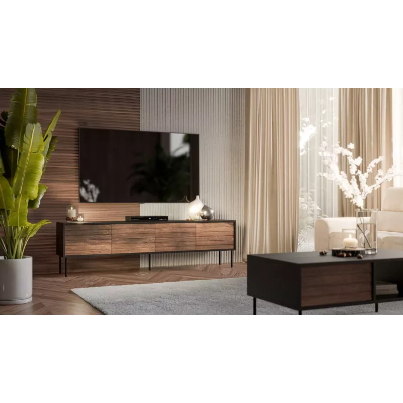 Szafka RTV cama meble CORTINA 4D 200x40x55 cm, blat czarny, fronty orzechowe