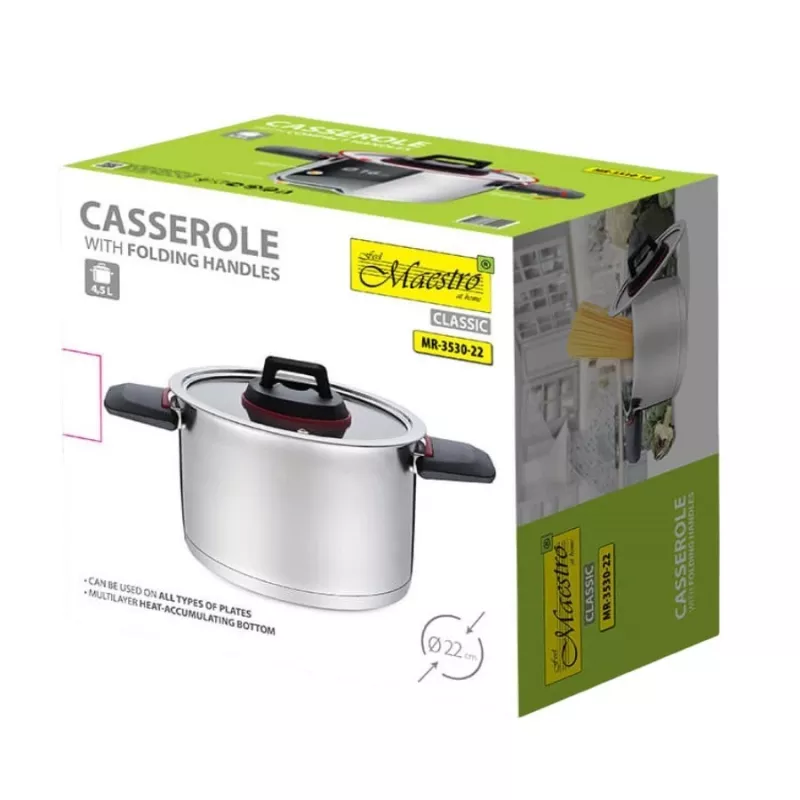 Garnek Maestro MR-3530-22 z pokrywką i składanymi uchwytami, 22 cm, 4,2 l