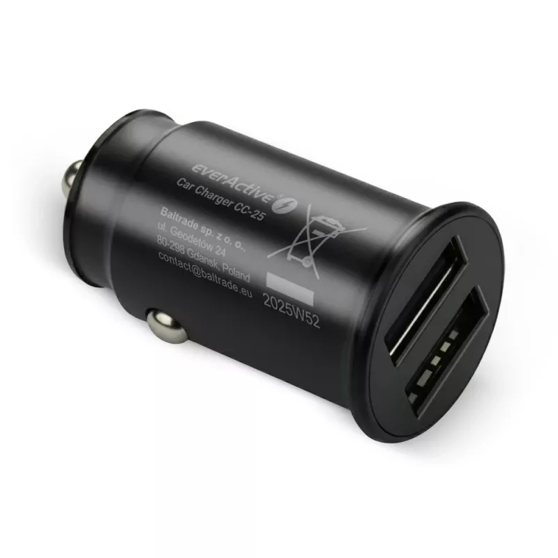 Ładowarka samochodowa everActive CC-25 — 2x porty USB, łączna moc 12 W, zasilanie z gniazda zapalniczki 12 V–24 V