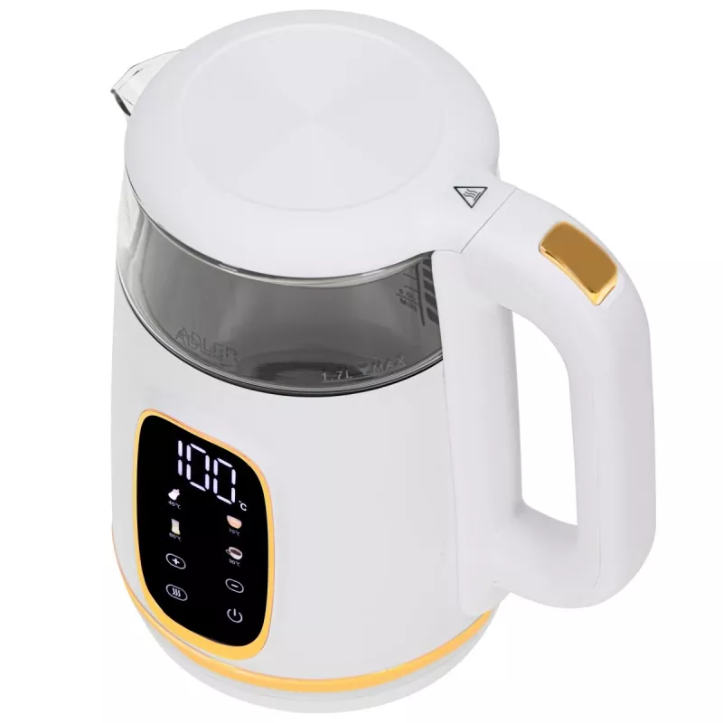 Czajnik elektryczny Adler AD 1305WG — 1,7 l, 2200 W, szkło/tworzywo sztuczne, biały/złoty/przezroczysty
