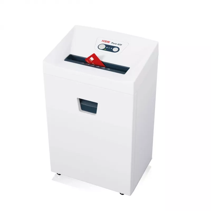 Niszczarka HSM Pure 420 — ścinkowa P-4, szerokość robocza 24 cm, pojemność 15 arkuszy, kosz 35 l, biały
