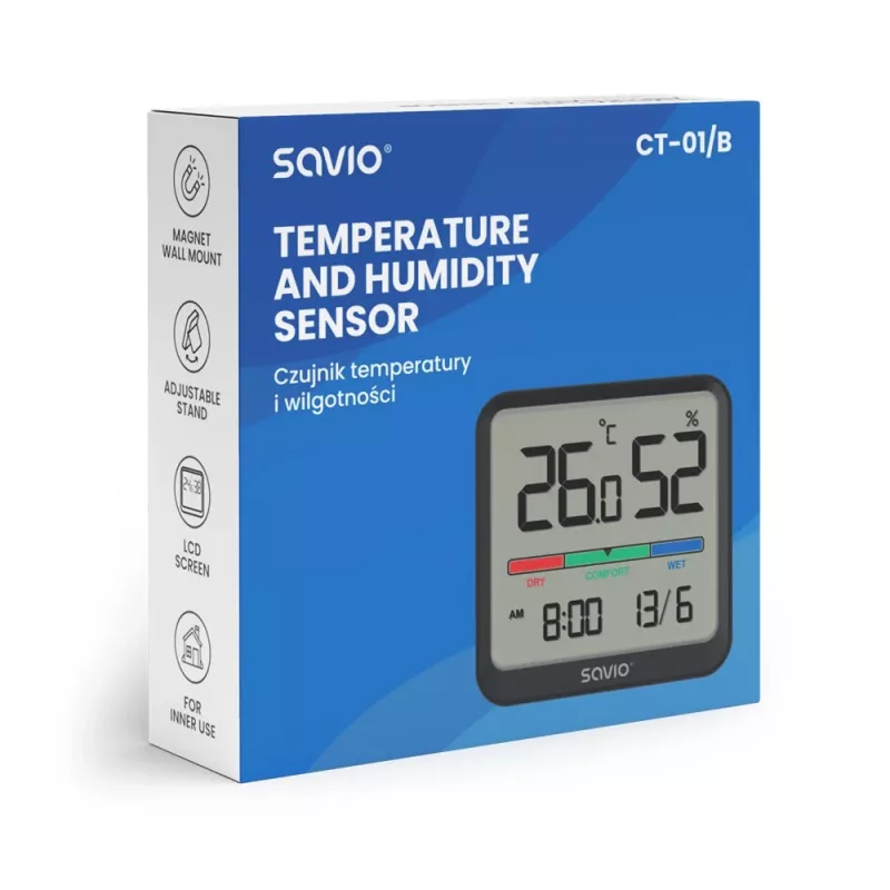 Wewnętrzny czujnik temperatury i wilgotności SAVIO CT-01/B wolnostojący, LCD, -10–55°C, 10–99% RH, CR2032