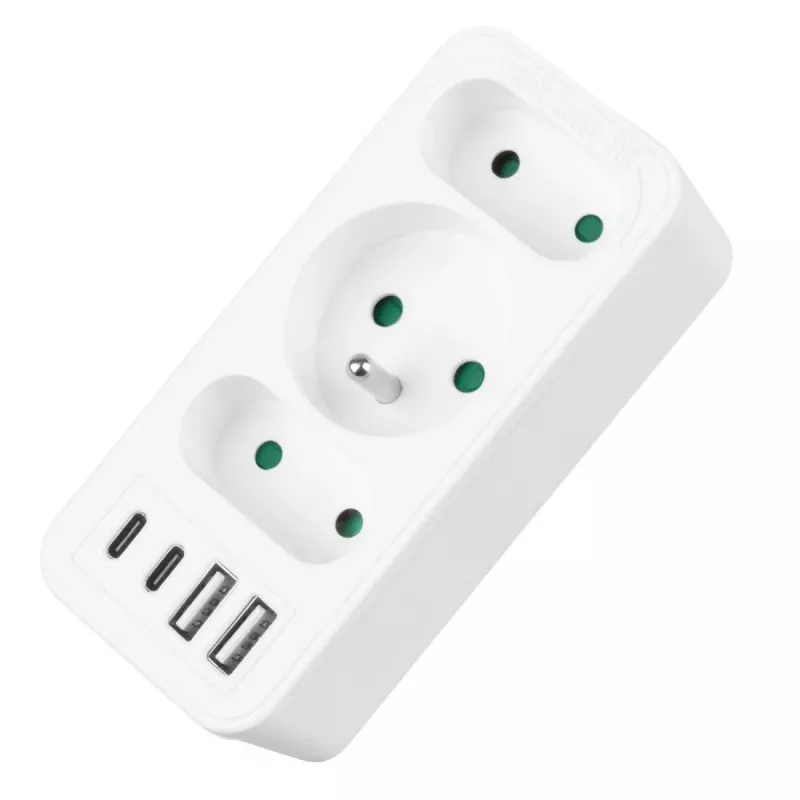 Rozgałęziacz zasilania MACLEAN MCE248 F/W — 3 gniazda AC (1×16A, 2×6A) + 4×USB (2×A, 2×C PD 20W), wtyczka EU, biały