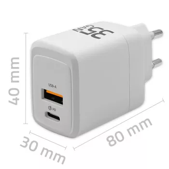Ładowarka QOLTEC 51824 GaN 35W USB-C PD i USB QC 3.0, 5–20V, 1x USB-C, 1x USB-A