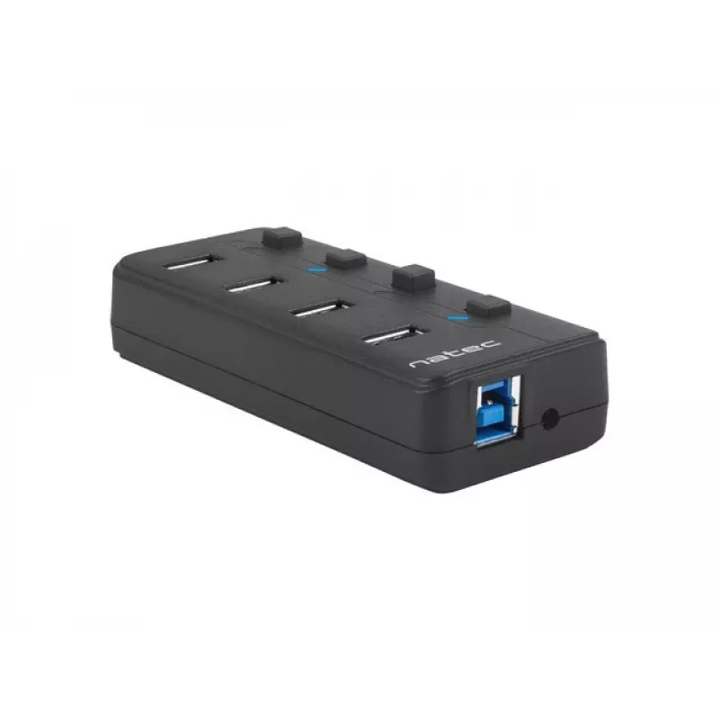 Hub USB NATEC MANTIS USB 2.0 Type-B — 4x porty USB 3.2 Gen 1 Type-A, czarny, kabel 0,8 m, zasilacz sieciowy, wyłącznik zasilania