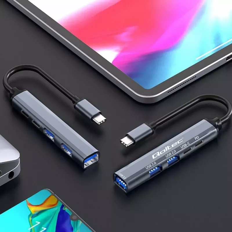 Qoltec 53790 Hub Adapter USB-C 3.1 5in1 | USB-C PD | USB-C | 2x USB 2.0 | USB 3.0