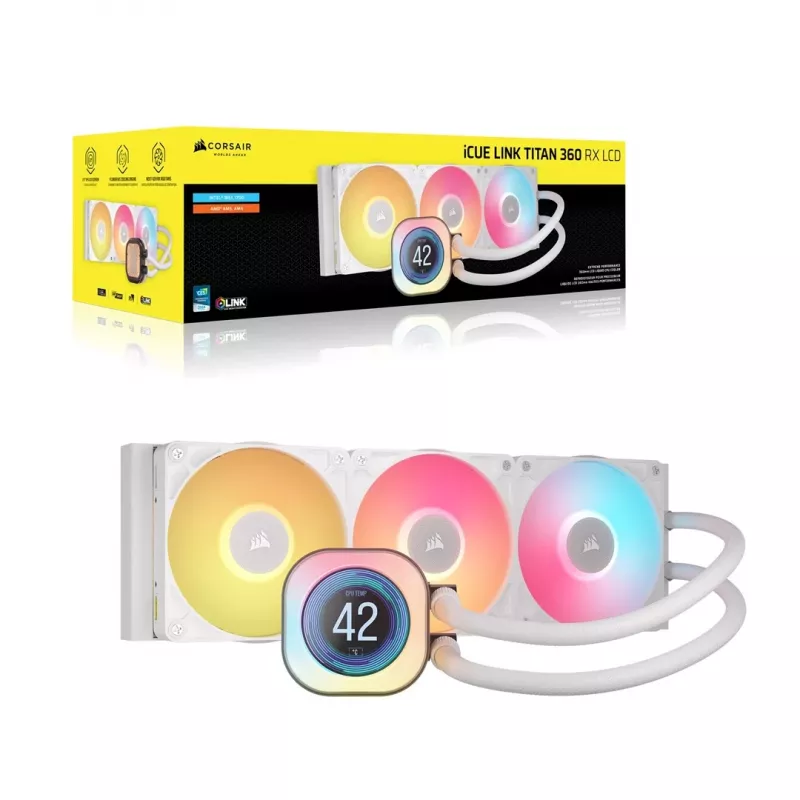 Wszechstronne chłodzenie cieczą Corsair iCUE LINK TITAN 360 RX LCD 12 cm, białe