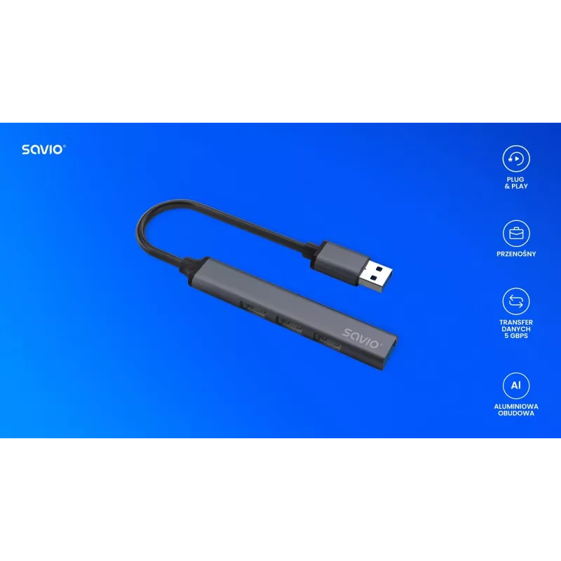 Hub USB SAVIO AK-70, 7-portów USB 3.0, 4 użyteczne porty, host USB Type-A, transfer 5 Gbit/s, gwarancja 2 lata