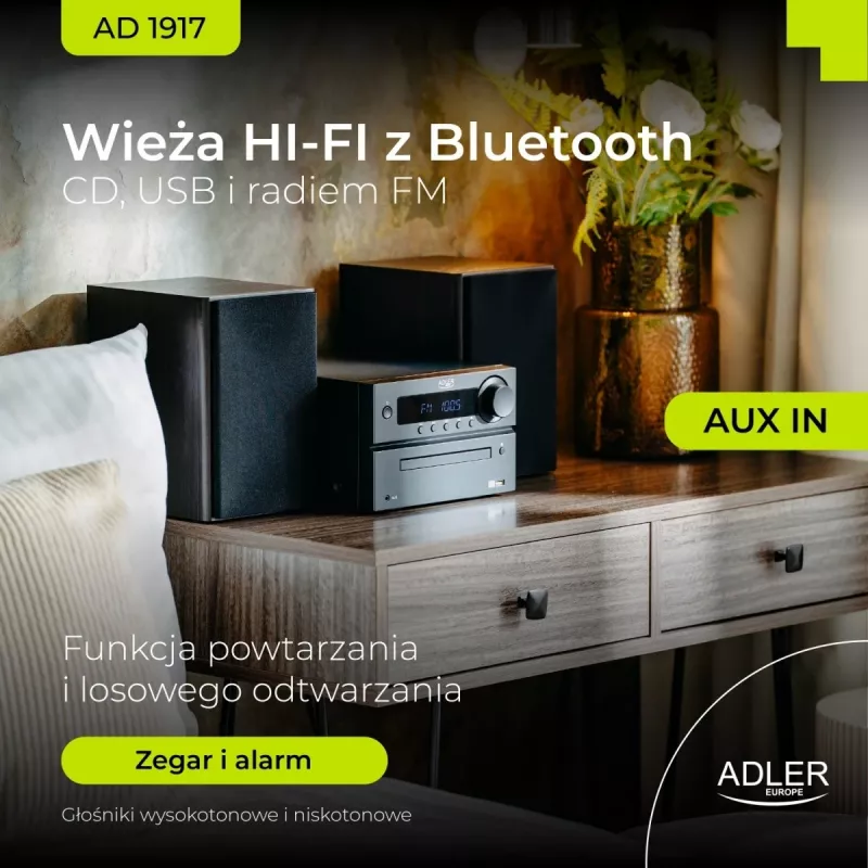 Mini zestaw stereo Hi‑Fi Adler AD 1917 — Bluetooth V5.3, CD/USB/MP3, 2×25W RMS, tuner FM, 4‑pasmowy korektor, AUX, czarny