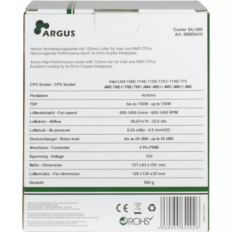 Inter-Tech Argus SU-260 - procesor - Chłodzenie - 12 cm - LGA 1150 (Socket H3) - LGA 1151 (Socket H4) - LGA 1155 (Socket H2) - LGA 1156 (Socket H) - LGA 775... - AMD A - Intel® Celero