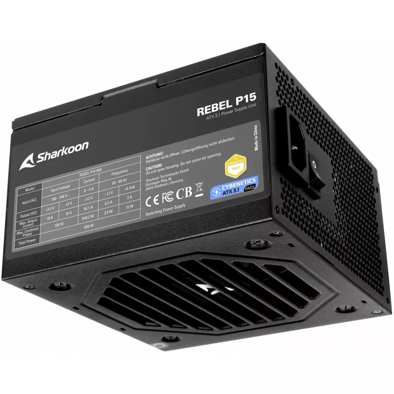 Zasilacz Sharkoon Rebel P15 650 — 650W, 1x 12‑pinowe złącze High Power GPU, 2x PCIe, modularne kable