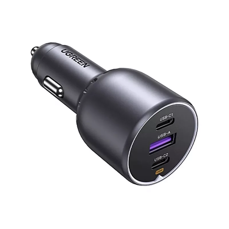 Ugreen 130W 3-Port Fast Car Char gray Headphones, Mobile computer, Mobile phone, Laptop, Power bank, Telephone szary Cigar lighter Auto