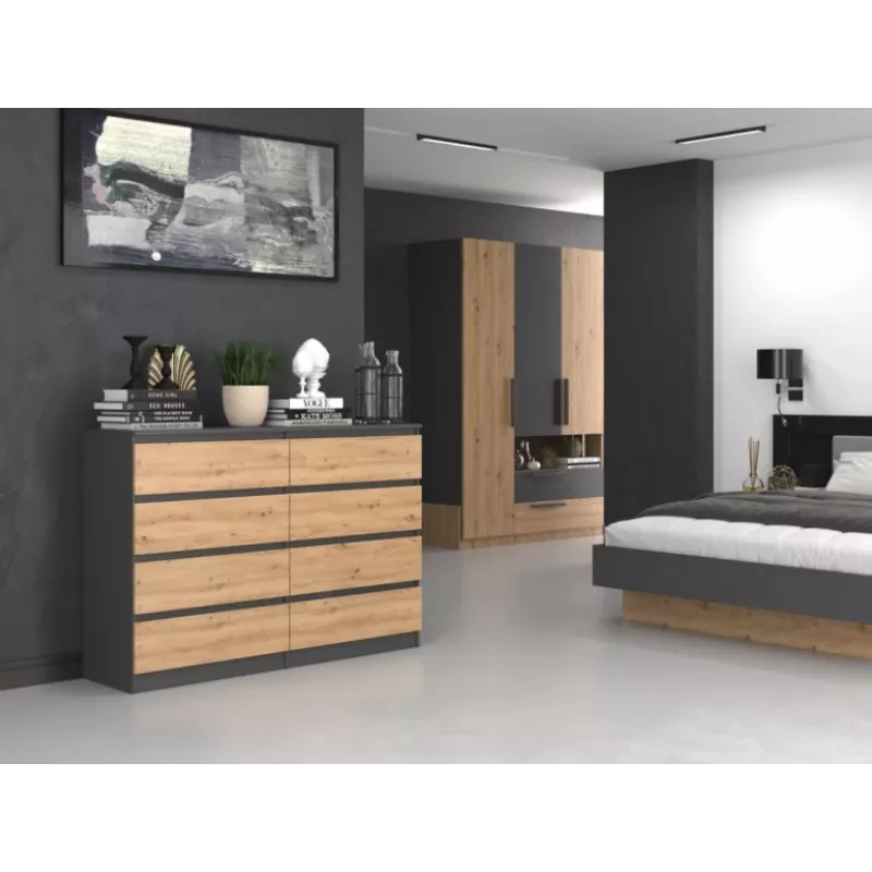 Komoda Top e shop M8 140 ANT/ART — 8 szuflad, Antracyt/Dąb, 1380×400×970 mm, Płyta wiórowa