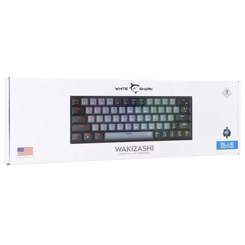 Mechaniczna klawiatura gamingowa White Shark Wakizashi GK-002721V2 — szaro-czarna rama, układ US, przełączniki niebieskie