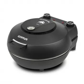 Piec do pizzy G3FERRARI Pummarola — blatowy piekarnik elektryczny, 1200 W, maks. Ø 28–31 cm, kamienna powierzchnia do pieczenia, czarny/srebrny