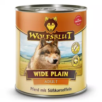 Mokra karma dla psa Wolfsblut Wide Plain Horse Meat with Sweet Potatoes 800 g — kompletna karma w puszce, monobiałkowa, dla dorosłych, bezglutenowa i bez soi