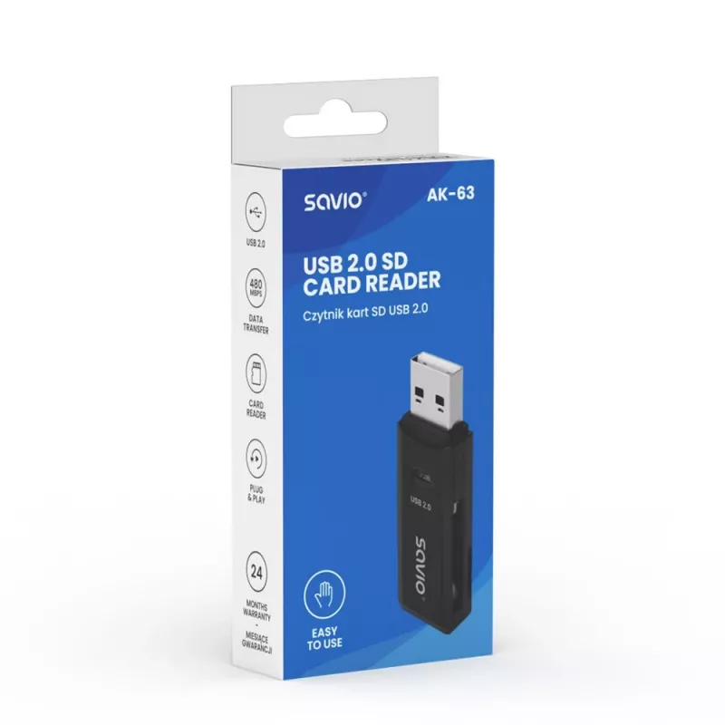 Czytnik Kart SD, USB 2.0, 480 Mbps, AK-63 Savio SAVAK-63