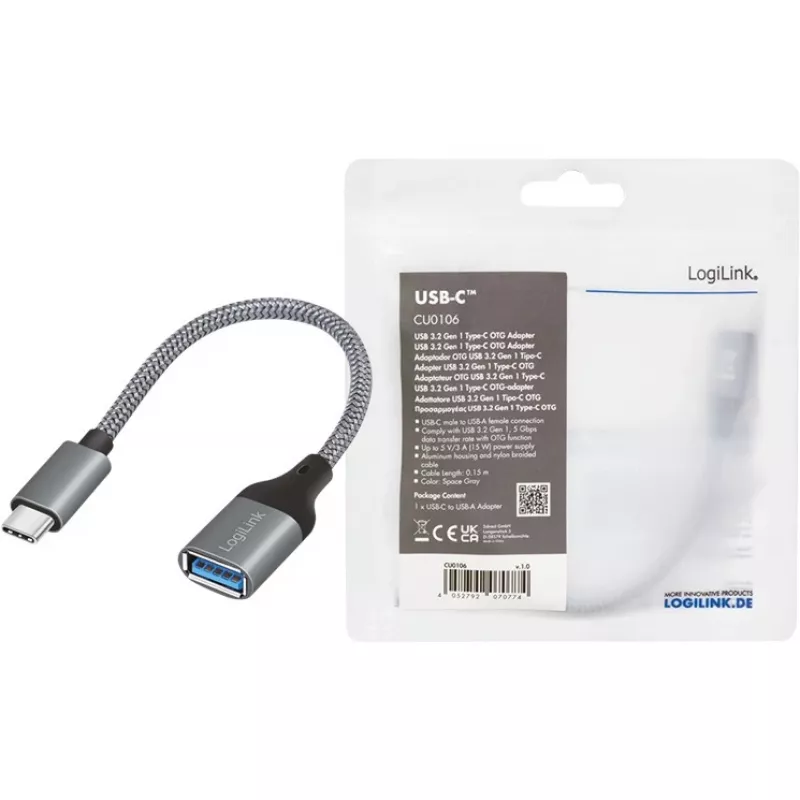 LogiLink USB 3.2 Gen1 adapter Type-C M na USB-A F OTG aluminiowy 0,15 m