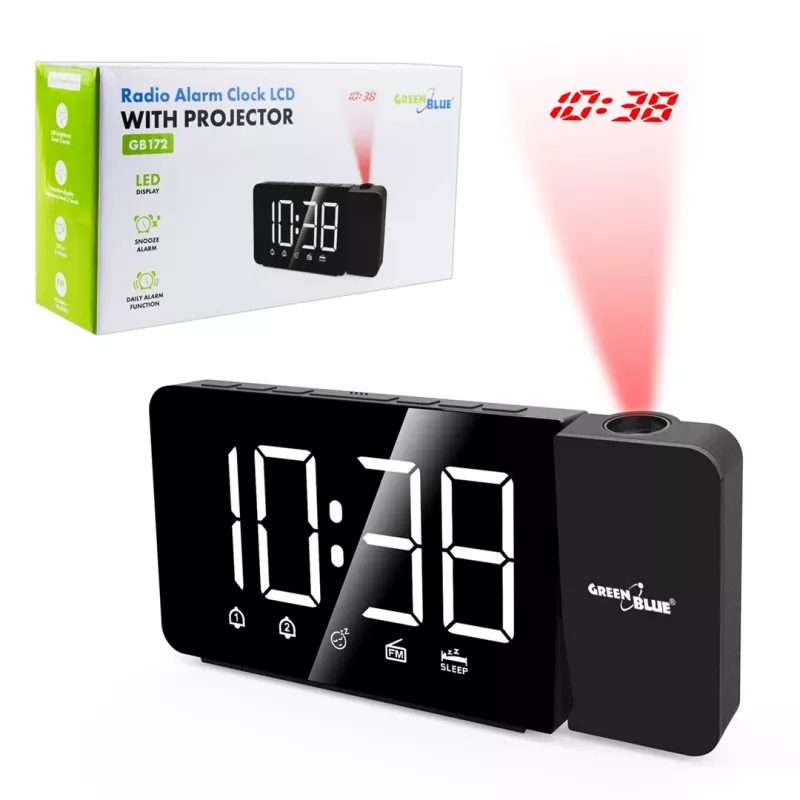 Cyfrowy radiobudzik LED GreenBlue GB172 z tunerem FM, projektorem, termometrem, zasilaniem USB 5 V i CR2032