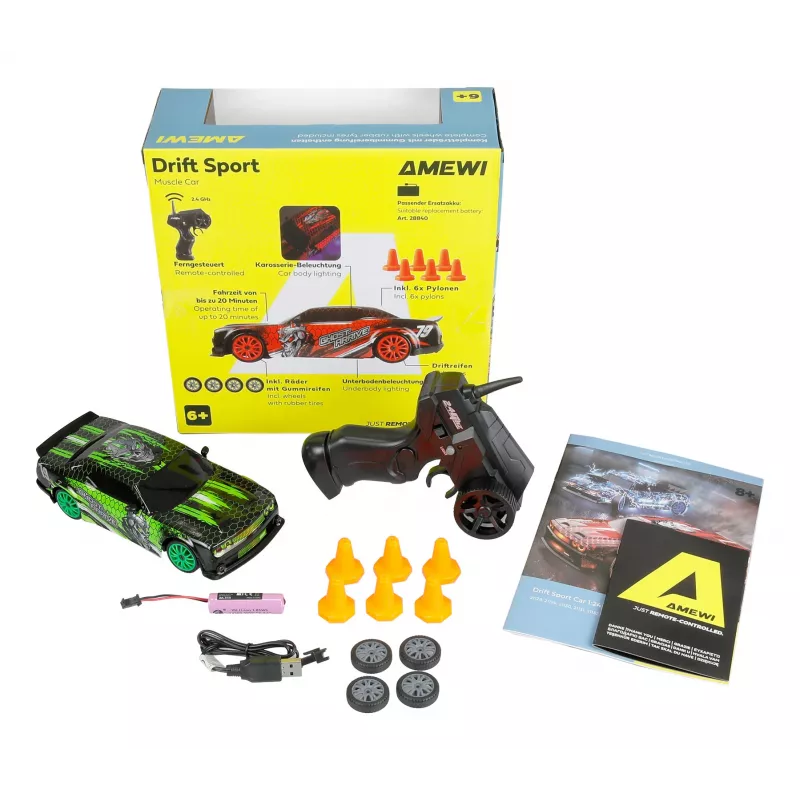 Driftowe auto RC Amewi 21132, skala 1:24, silnik elektryczny, Li‑Ion 500 mAh, dla dzieci od 6 lat