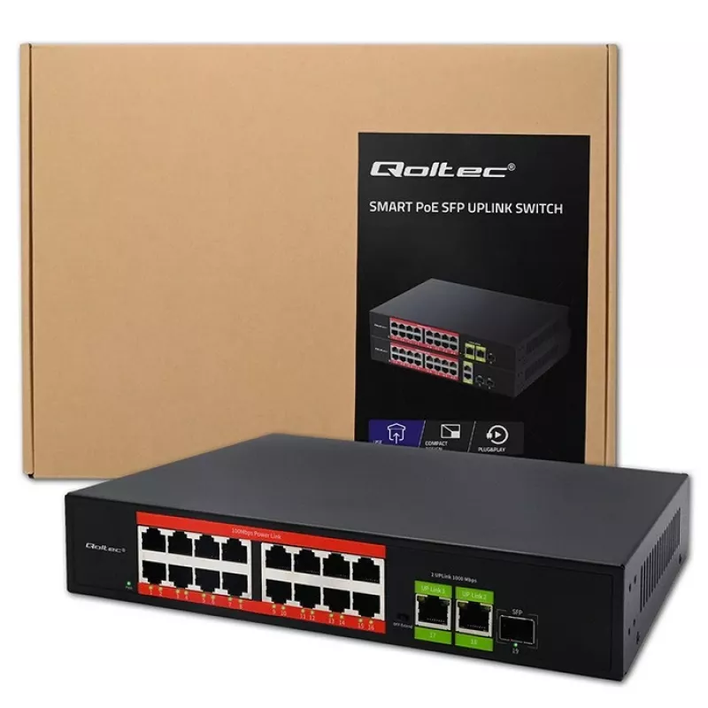 Przełącznik Ethernet PoE QOLTEC 16x RJ45, 2x RJ45 uplink, 1x SFP (MPN 52291)