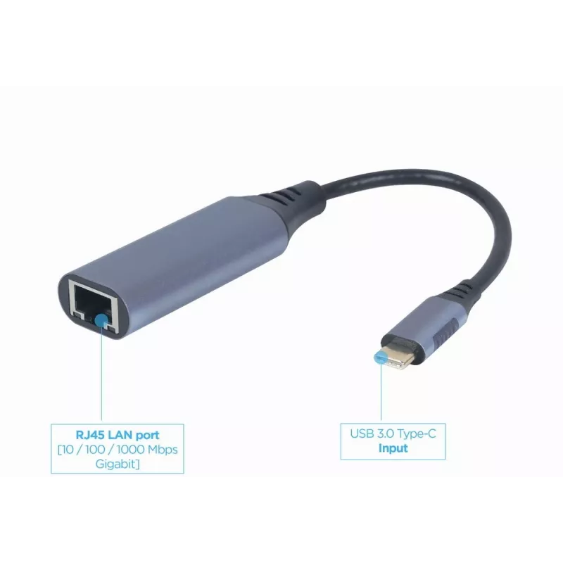 Karta sieciowa Gembird A-USB3C-LAN-01 Type-C USB 3.2 Gen 1, Gigabit RJ-45, kabel 0,15 m, metalowa obudowa, szary/czarny