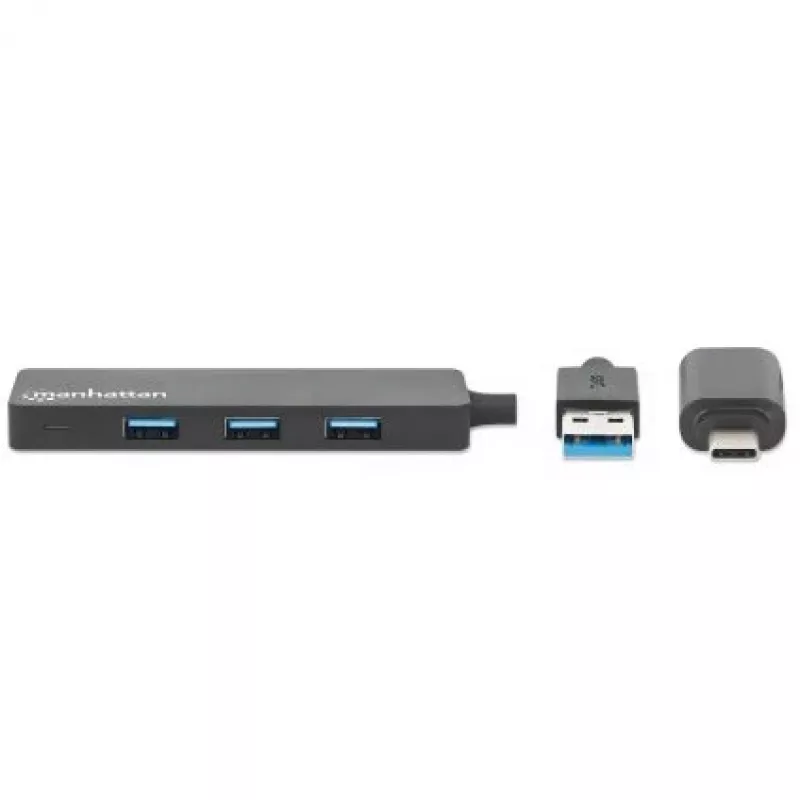 Manhattan USB-C & USB-A Combo Dock/Hub, Porty (4): USB-A (x4), 5 Gb/s (USB 3.2 Gen1 znane jako USB 3.0), zasilany przez USB (nie wymaga zewnętrznego zasilacza)