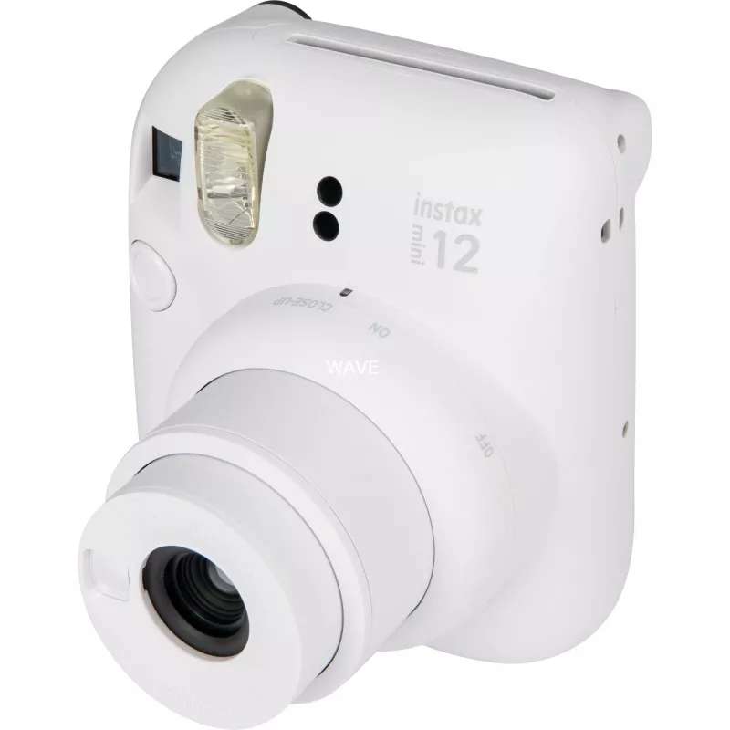 Aparat natychmiastowy Fujifilm Instax Mini 12 biały — odbitki 86×54 mm, ogniskowa 60 mm, bateria AA