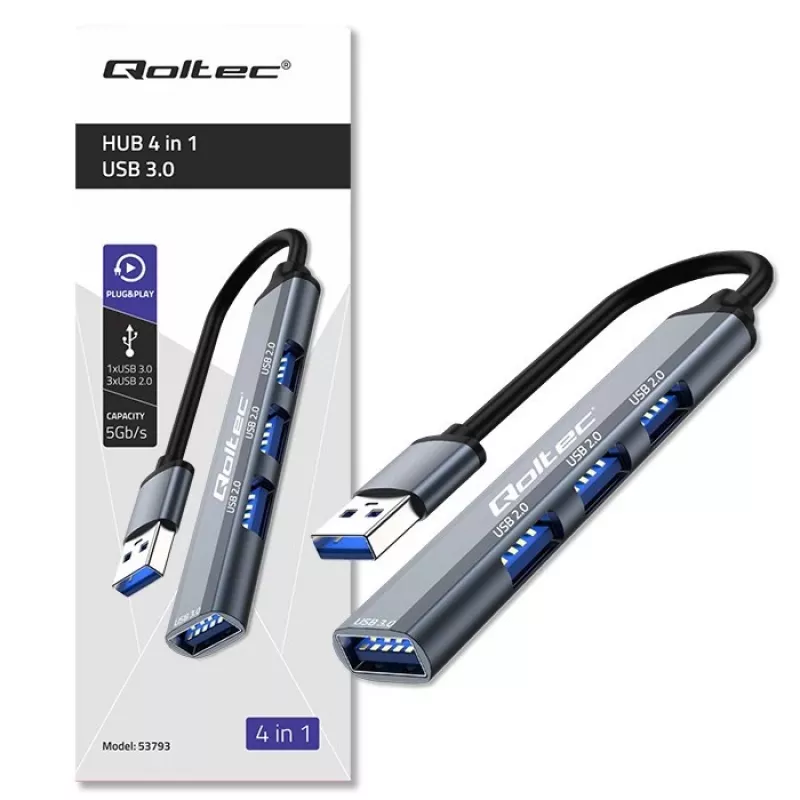 Hub USB QOLTEC 53793 — wejście USB 3.0, 3× porty USB 2.0