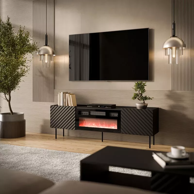 Szafka pod TV Cama Meble LUCCA 180x40x59 cm, czarny blat i rama, płyta wiórowa, z kominkiem czarnym